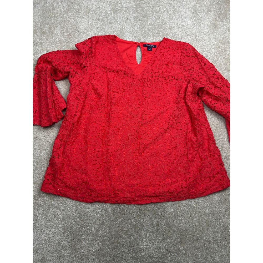Roaman's Plus Size 18W Red Floral Lace Blouse Bell Sleeve Sheer Romantic